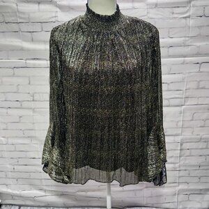 Harper 241 Smock-Neck Gold Shimmer Bell Sleeve Blouse - Size L